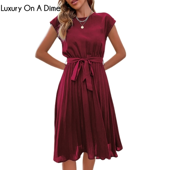 Retro Pleated Classy Modest Short Sleeve Knee Length Belted Midi Dress - Picture 3 of 12